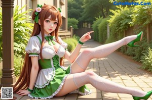 A woman in a green and white dress posing for a picture.