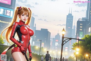 A woman in a red latex outfit standing in the middle of a city.
