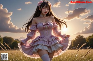 a woman in a pink dress and white stockings posing for a picture