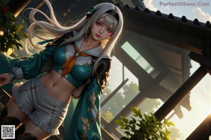 A woman with long white hair is holding a sword.