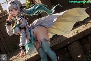 A woman with long blue hair standing in a room.