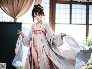 A woman in a white kimono sitting on a stone wall.