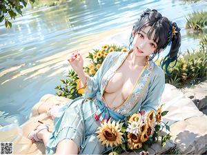 A woman in a blue kimono sitting on a bed.