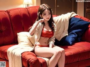 A woman sitting on a red chair in a room.